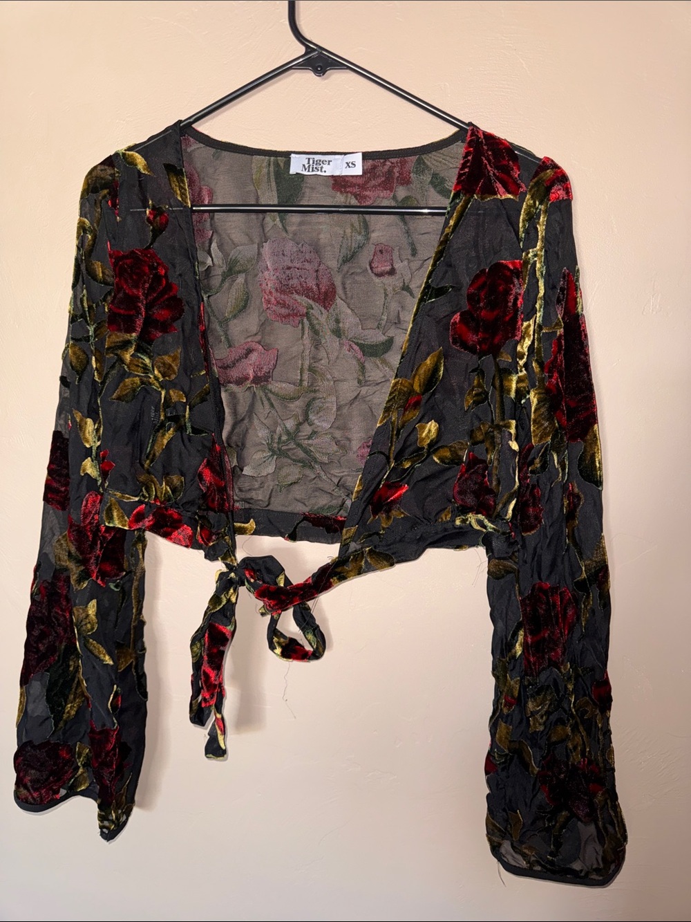 Tiger Mist Black Sheer Velvet Floral Tie-Front Crop Top with Red & Gold Floral